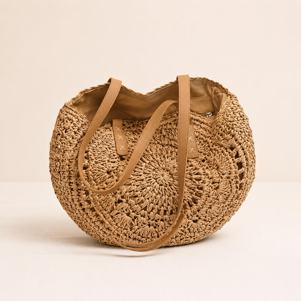Lola | Ronde tas van gevlochten stro met motief — cognac