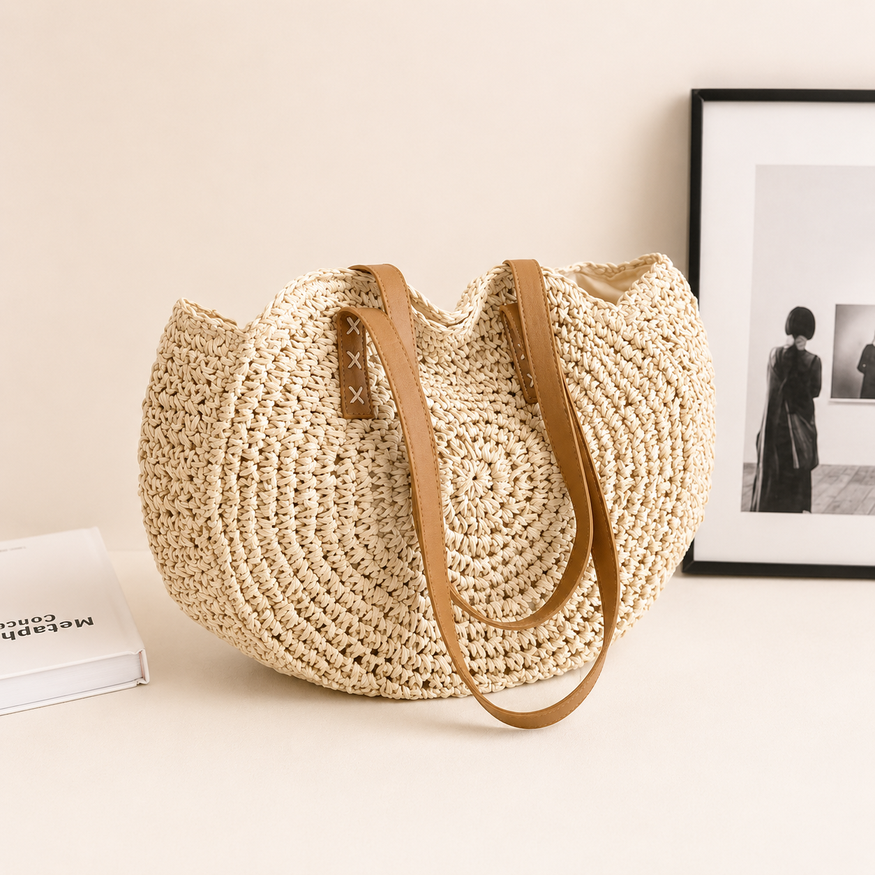 Lisa | Ronde tas van gevlochten stro - beige