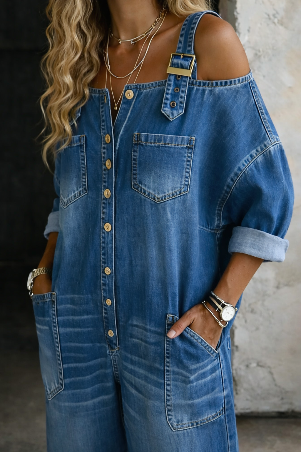 Sophia | Denim jumpsuit met blote schouders