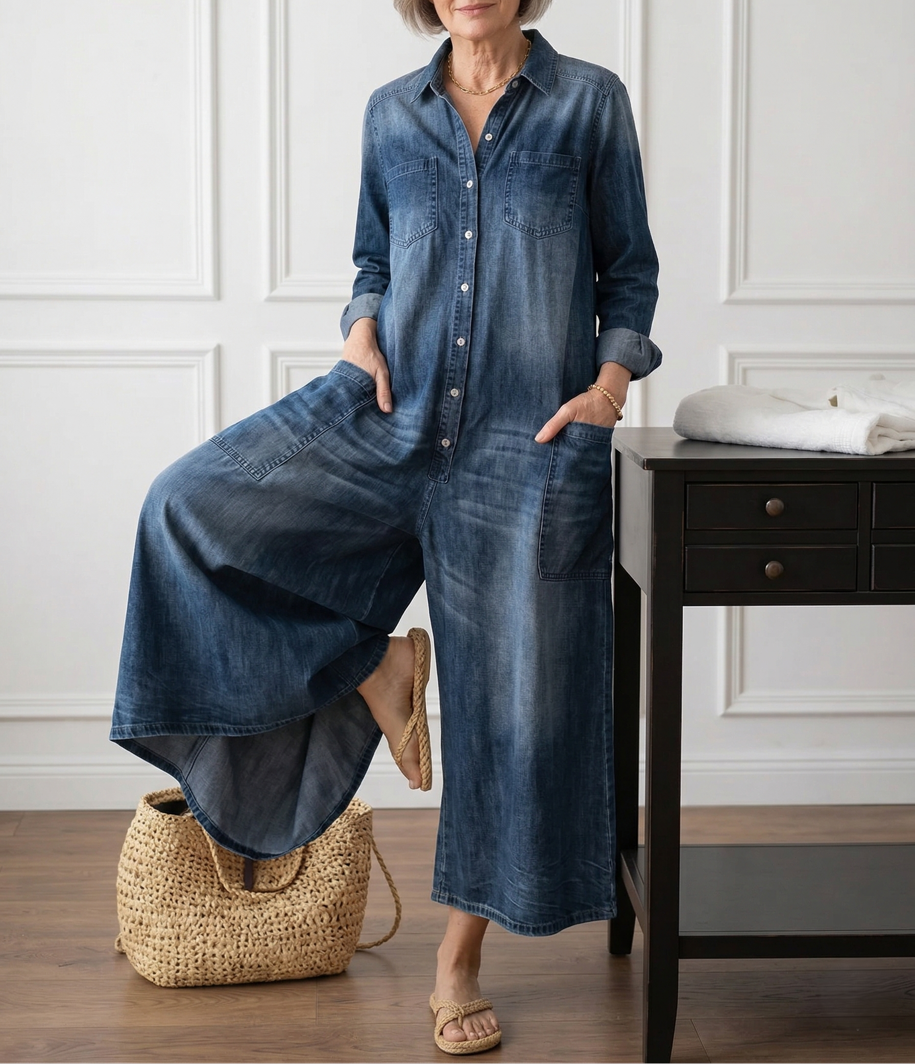 Diana | Vintage jumpsuit van denim-katoen, zacht gewassen, met knopen