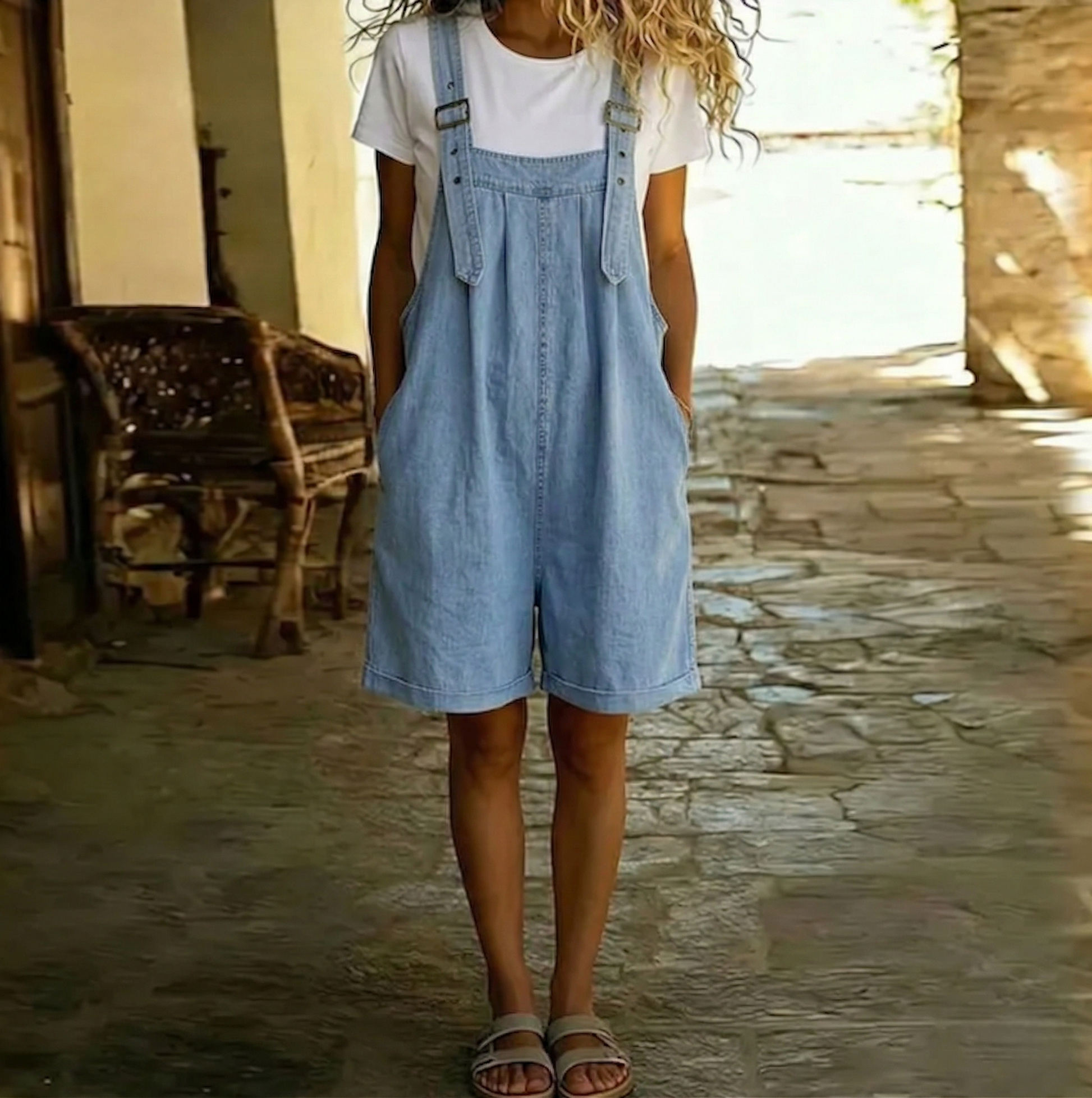 Clara | Salopet van zacht katoenen denim met vintage-look, lichtblauw gewassen