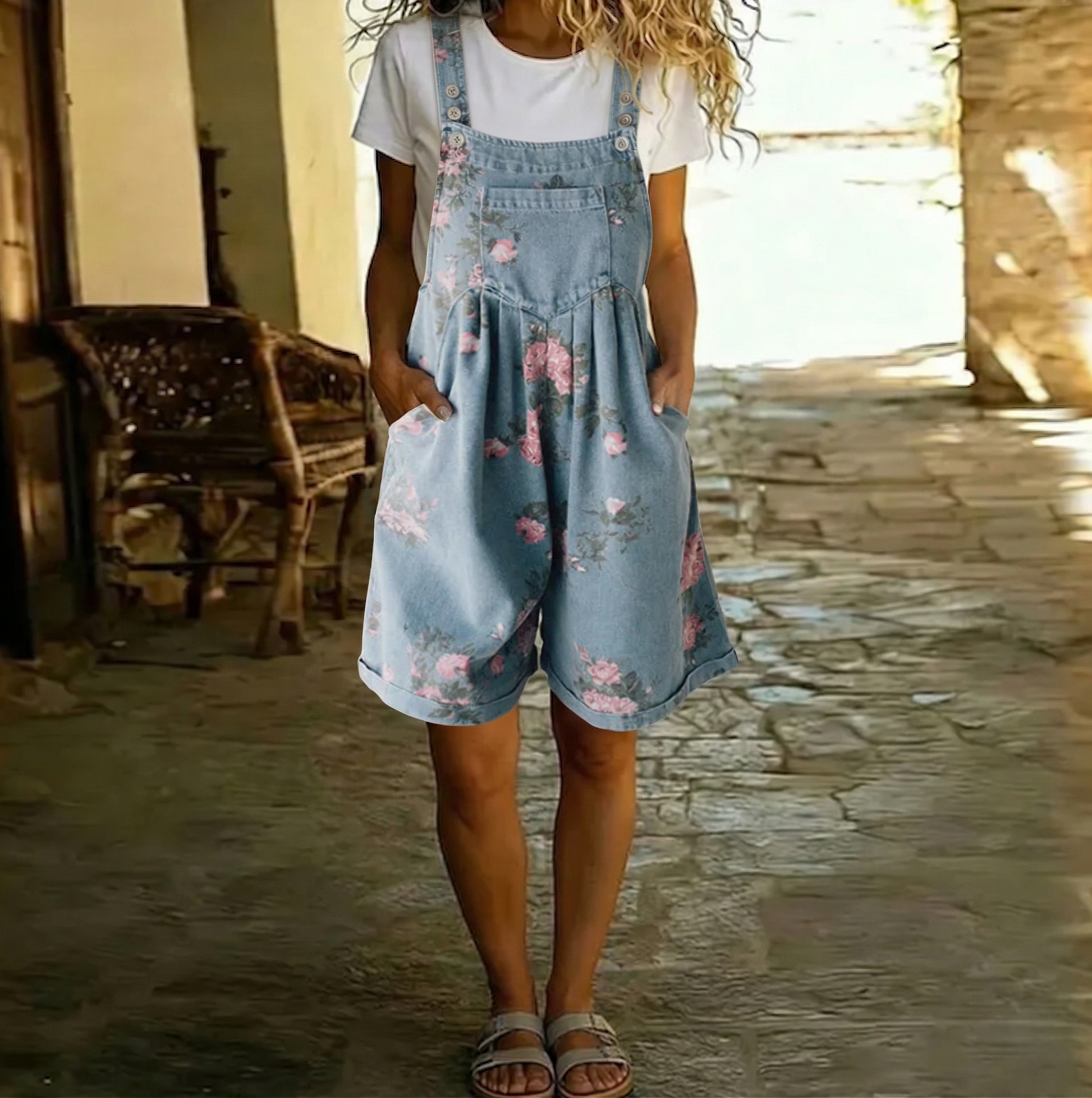 Judy | Vintage gewassen denim met een zacht katoengevoel, bloemenoverall