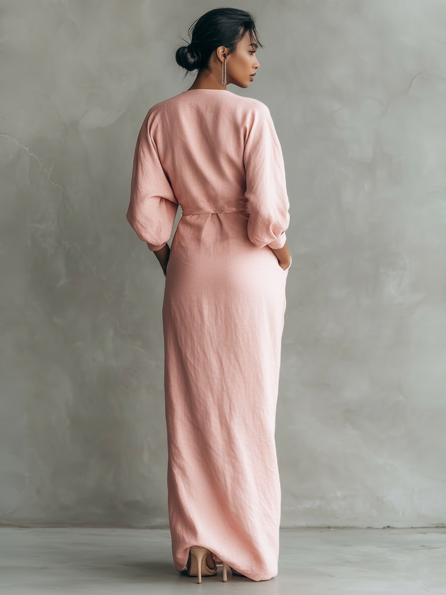 Roze linnen maxi-jurk met V-hals