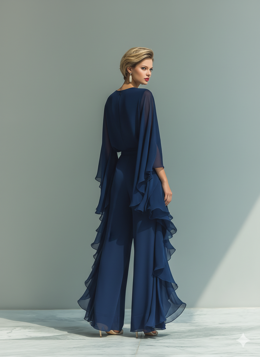 Set met tops van chiffon in marineblauw met uitlopende mouwen en broeken met rechte pijpen met ruché-details