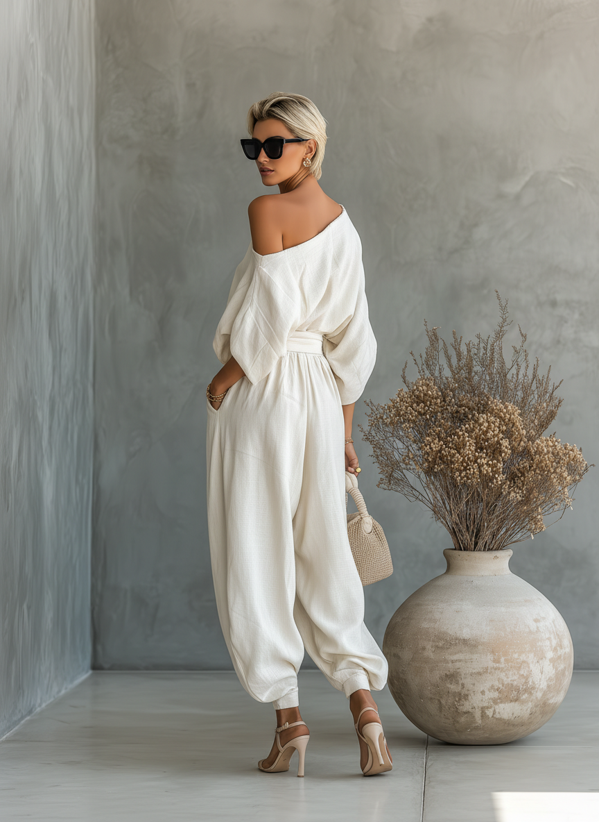Linnen set off-shoulder broek