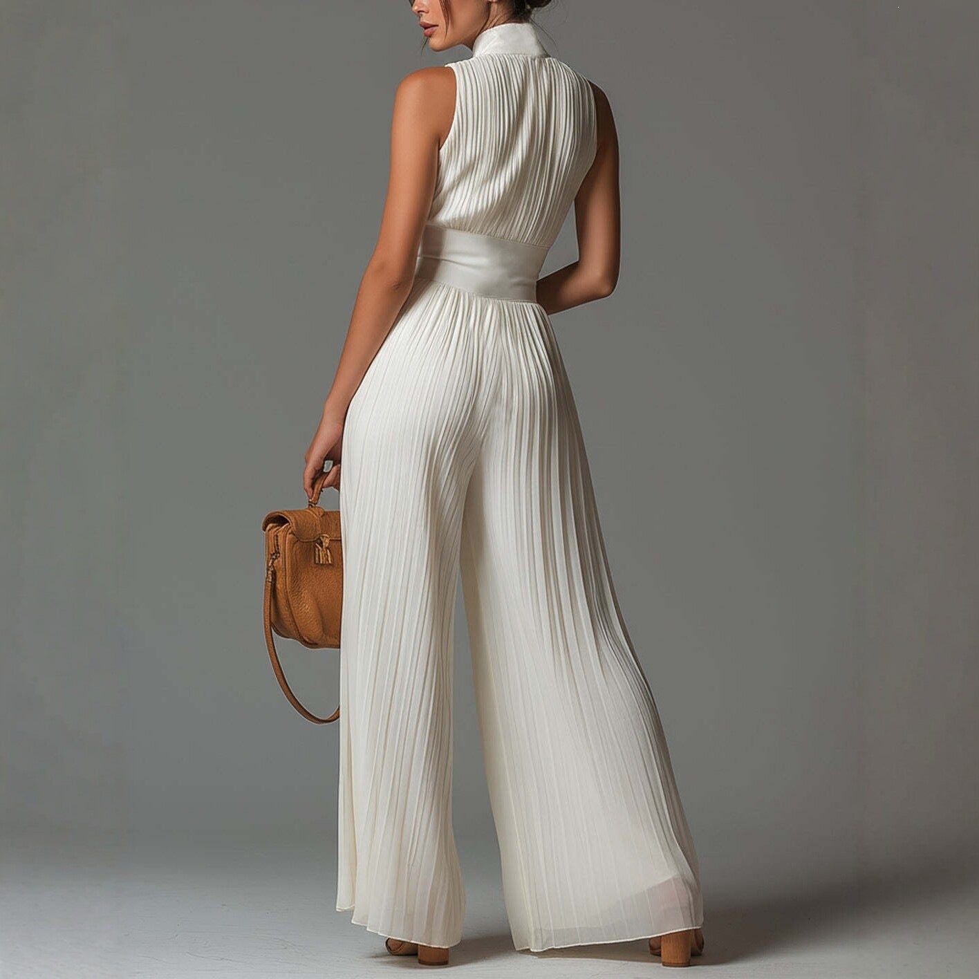 Witte chiffon-jumpsuit zonder mouwen met V-hals, rits en geplooide wijde pijpen.
