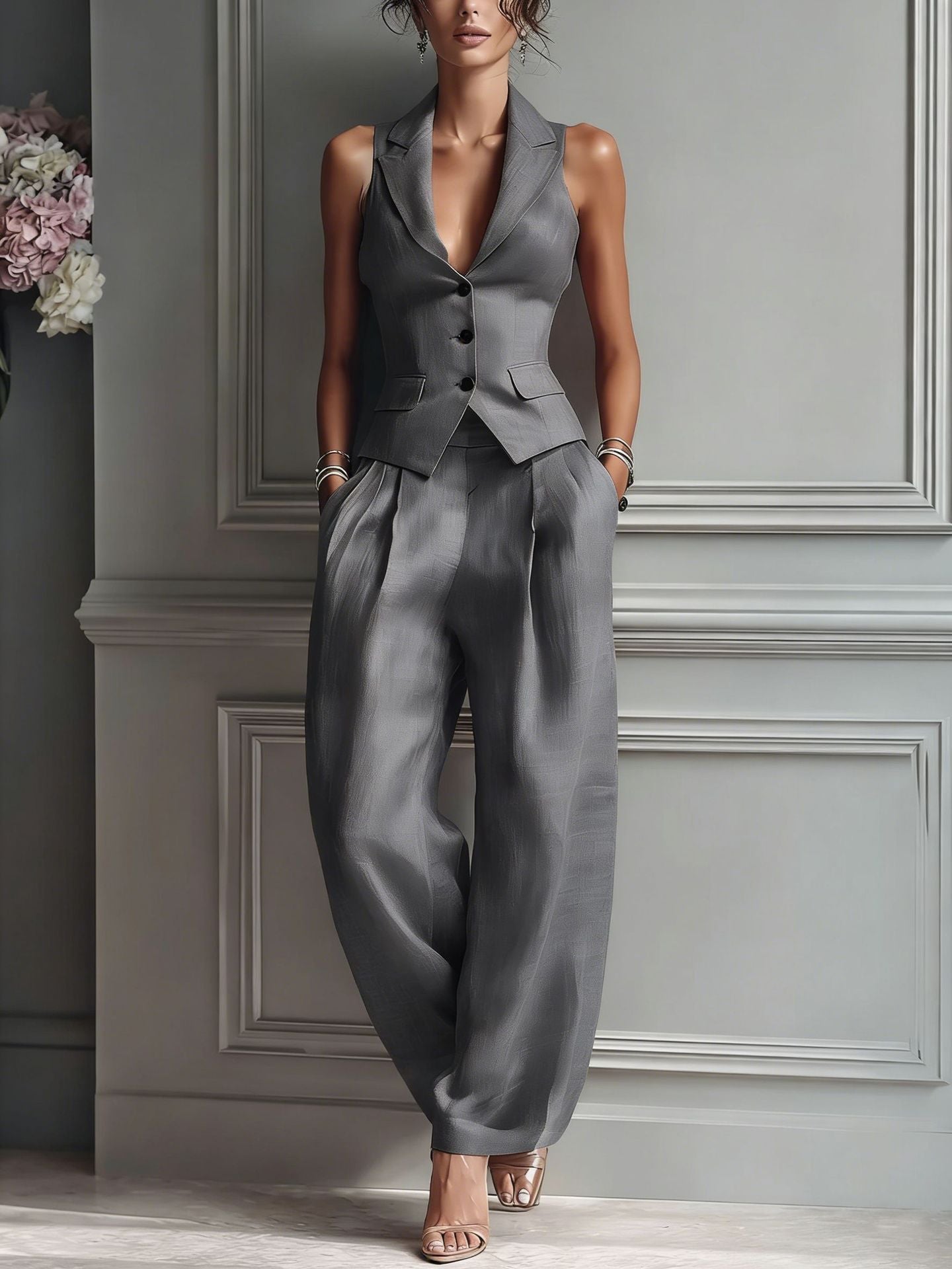 Tweedelige damesoutfit met V-hals en knopen