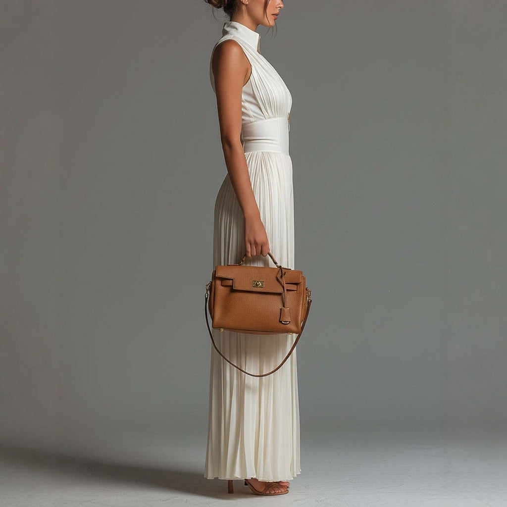 Witte chiffon-jumpsuit zonder mouwen met V-hals, rits en geplooide wijde pijpen.