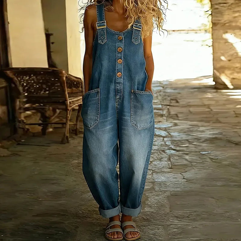 Mae | Vintage katoenen denim salopette met verstelbare bandjes