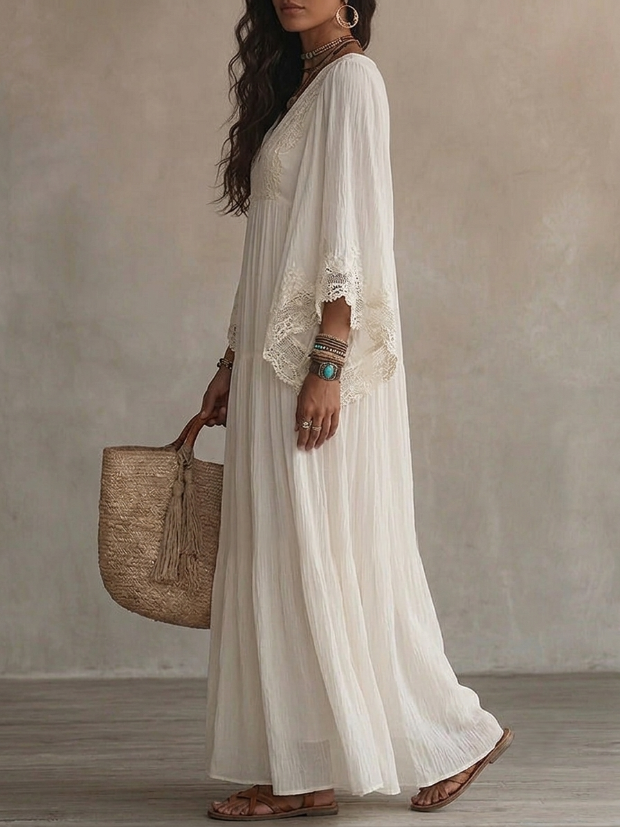 Celeste | Ivoorkleurige chiffon maxi-jurk met kant