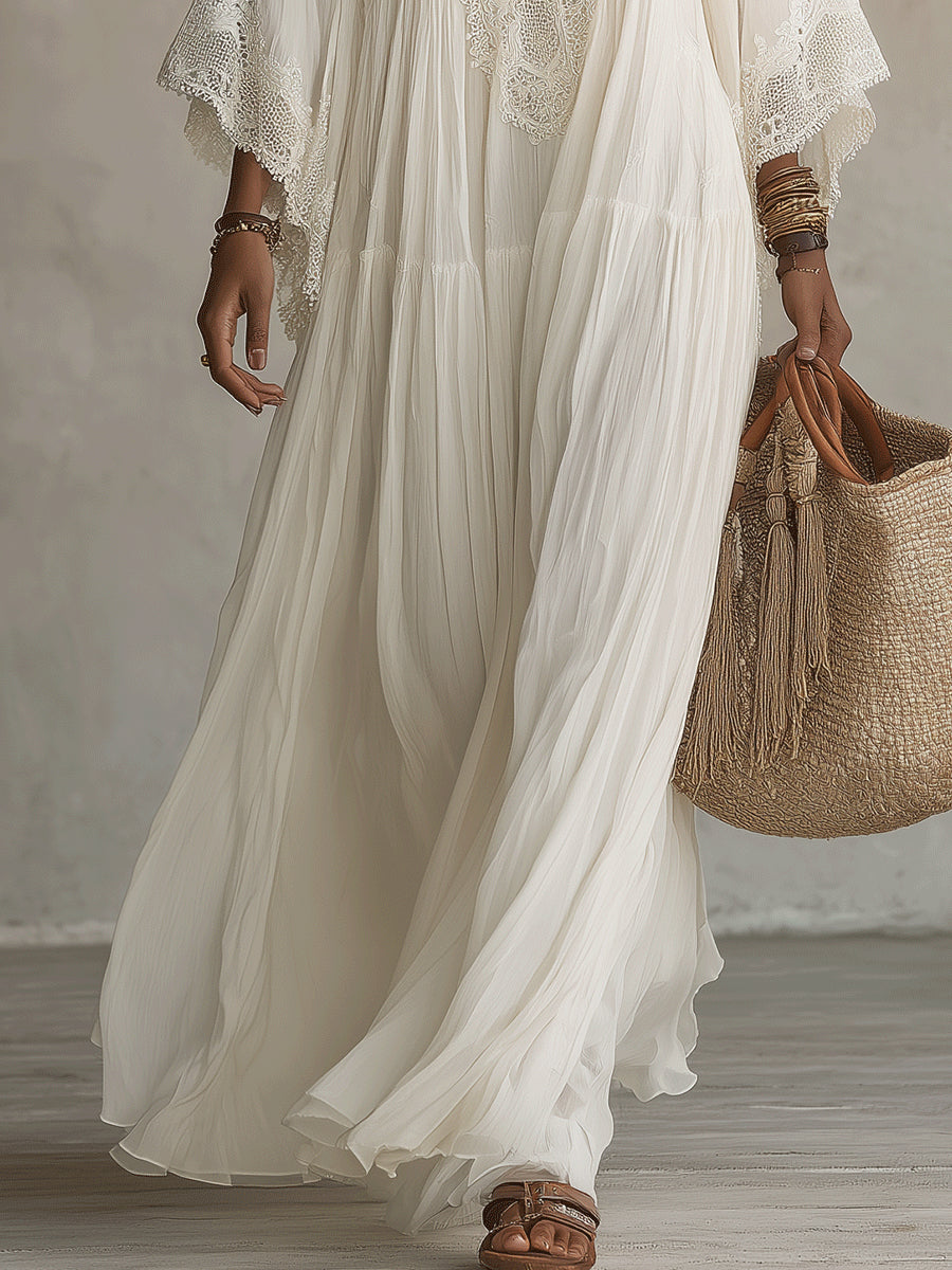 Celeste | Ivoorkleurige chiffon maxi-jurk met kant