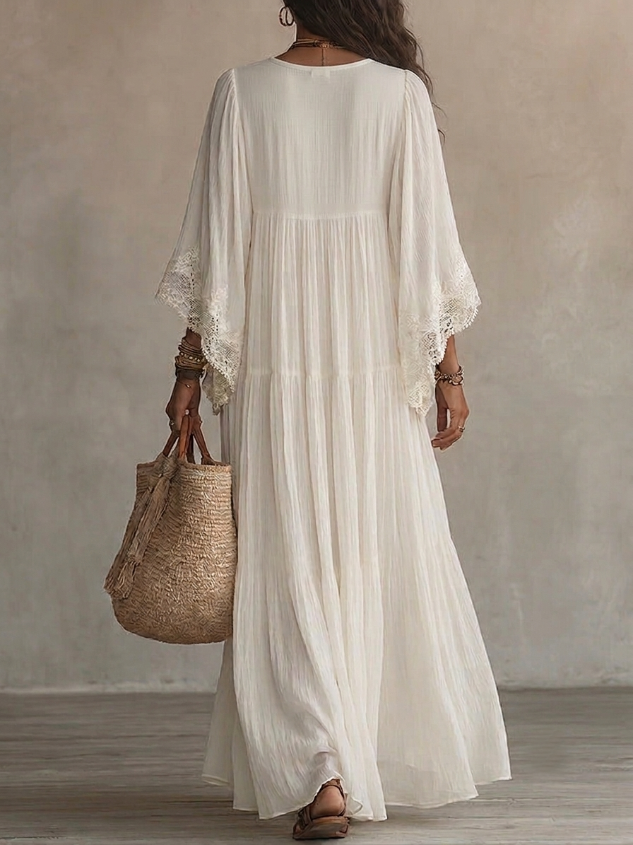Celeste | Ivoorkleurige chiffon maxi-jurk met kant