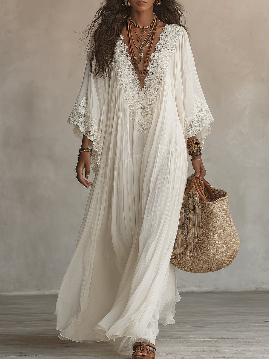 Celeste | Ivoorkleurige chiffon maxi-jurk met kant