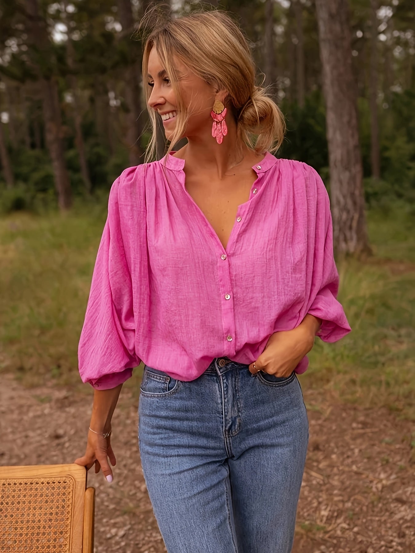 Édith™ — Tuniekblouse met V-Hals en 3/4 Mouwen in Fuchsiaroze