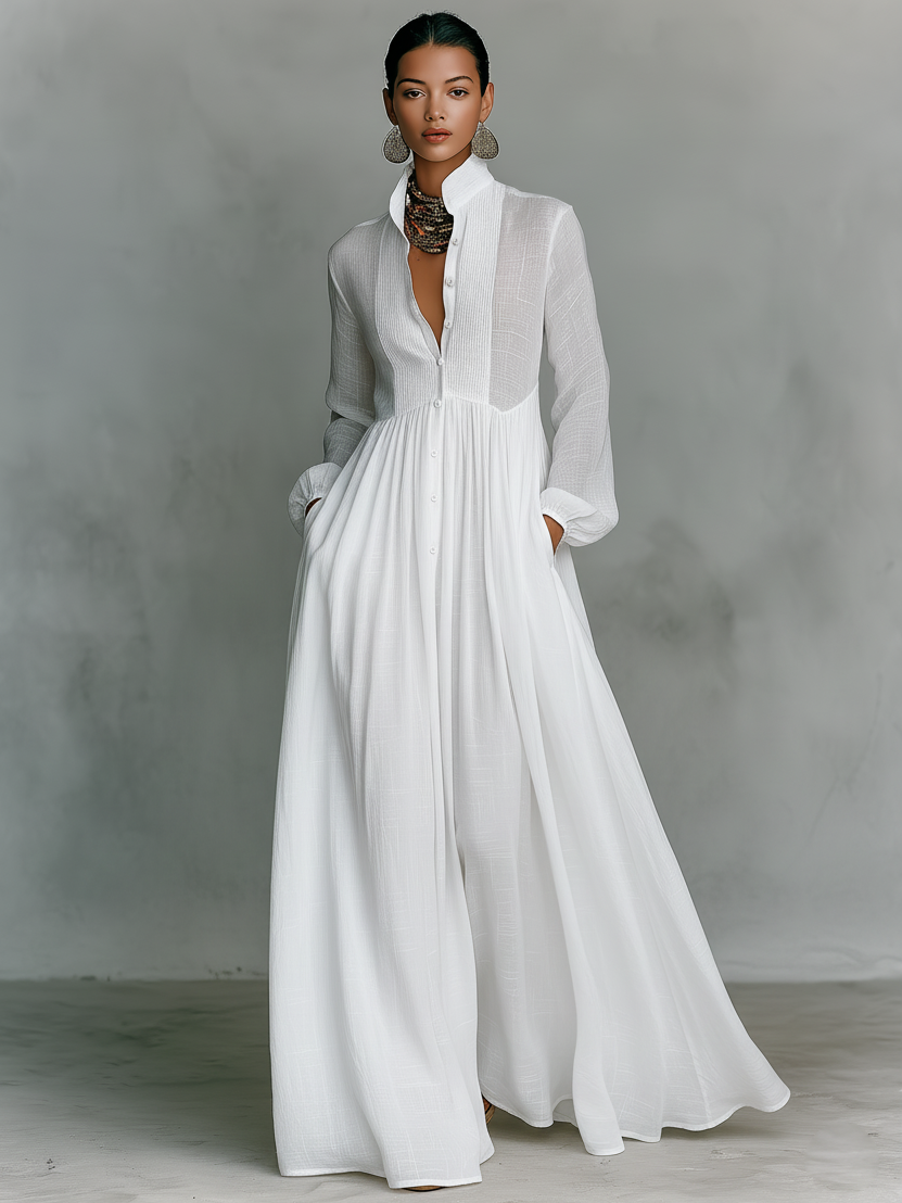 Patchwork linnen maxi-jurk met staande kraag