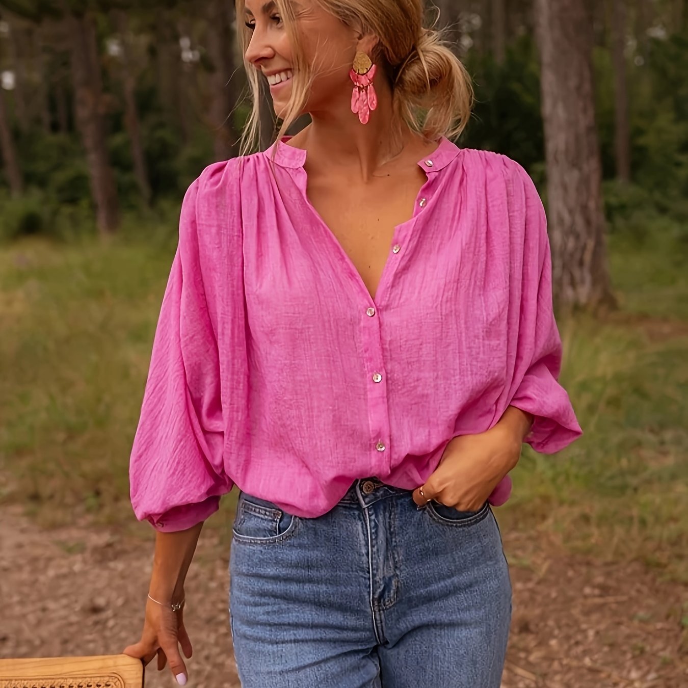 Édith™ — Tuniekblouse met V-Hals en 3/4 Mouwen in Fuchsiaroze