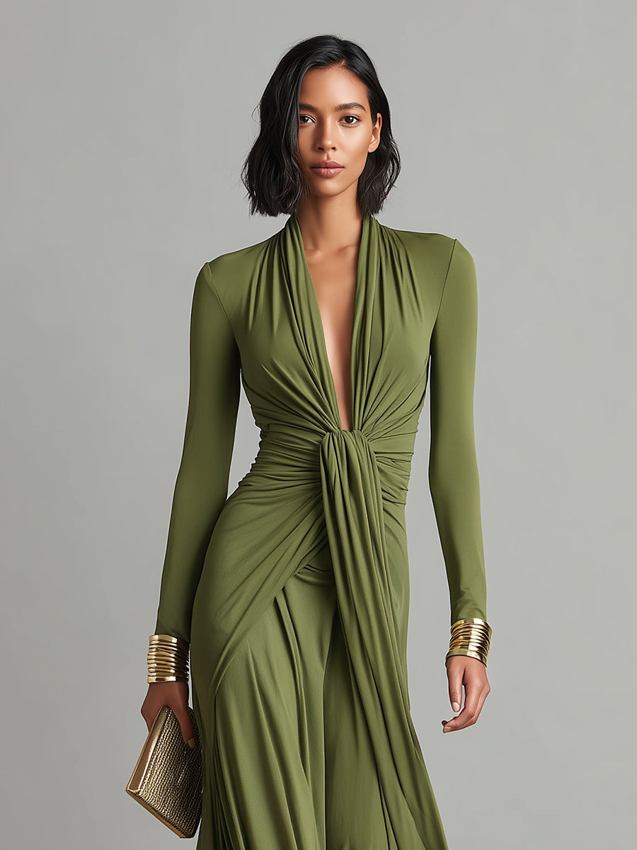 Oliv zijde maxi-jurk met V-hals