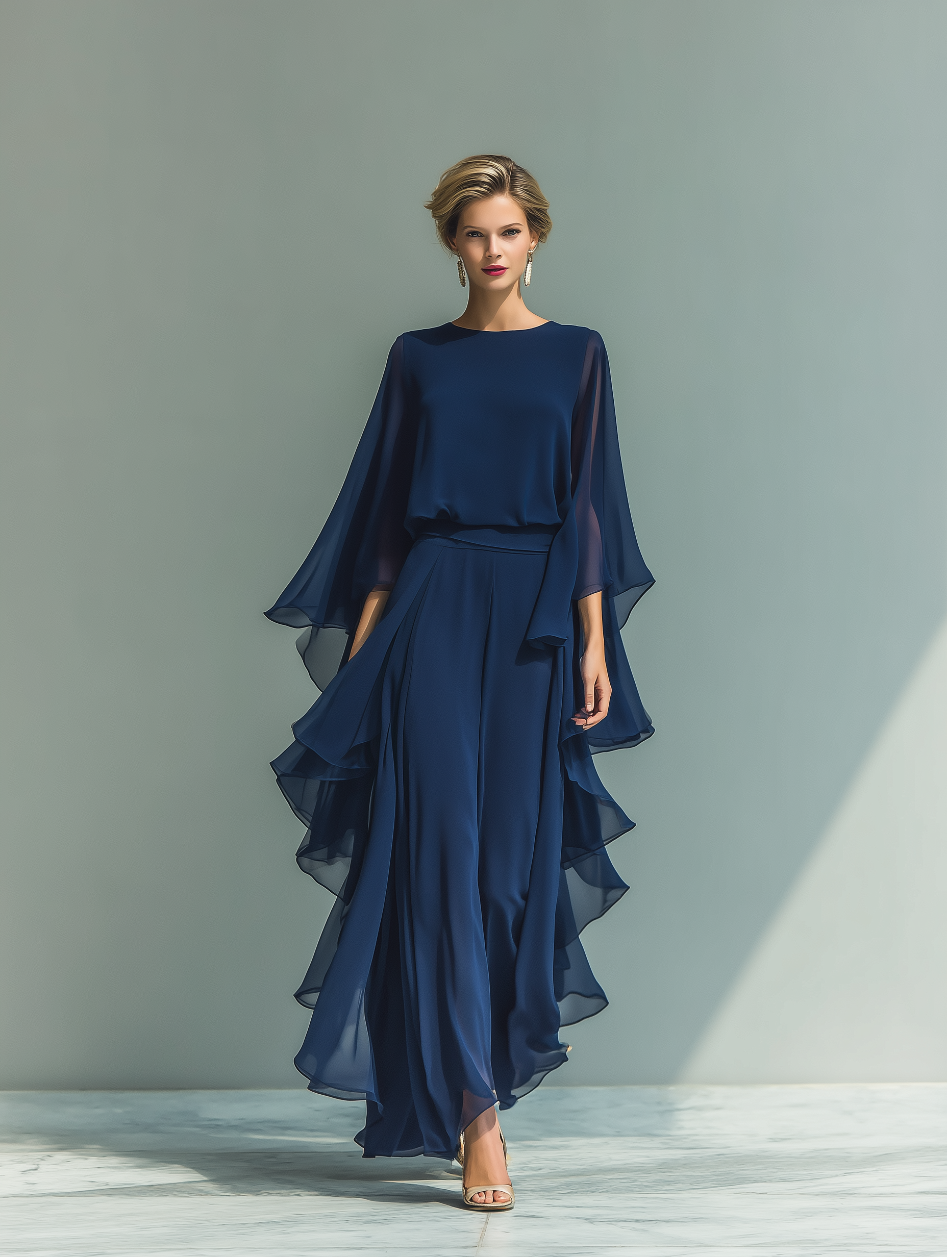 Set met tops van chiffon in marineblauw met uitlopende mouwen en broeken met rechte pijpen met ruché-details