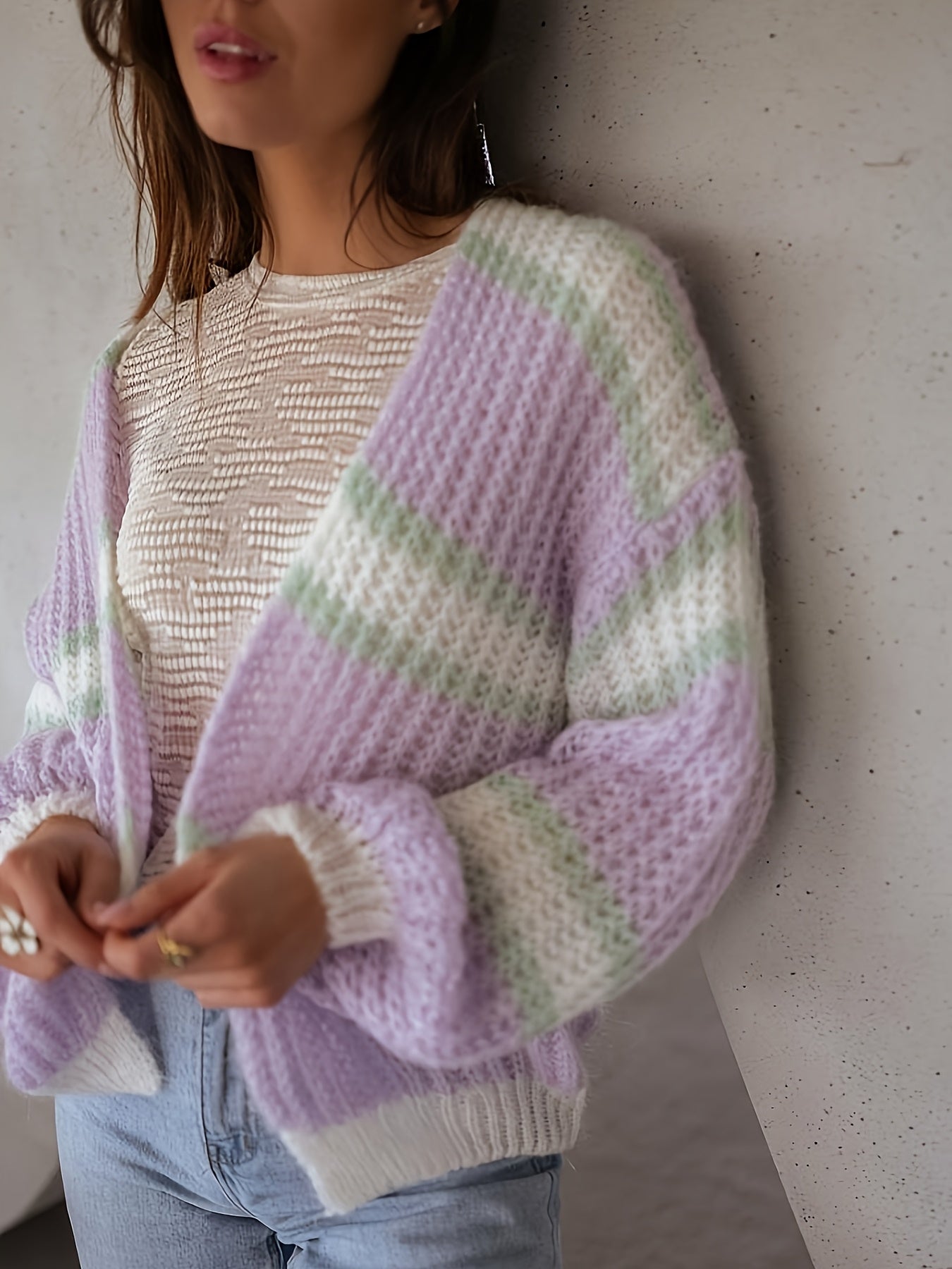Axelle™ — Gestreepte Cardigan met Lantern Sleeves in Colorblock Pastel