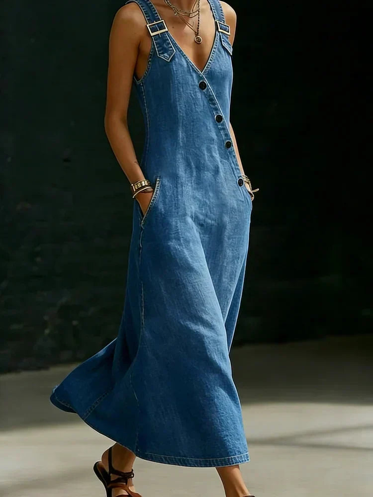 Vera | Lange denimjurk met knopen