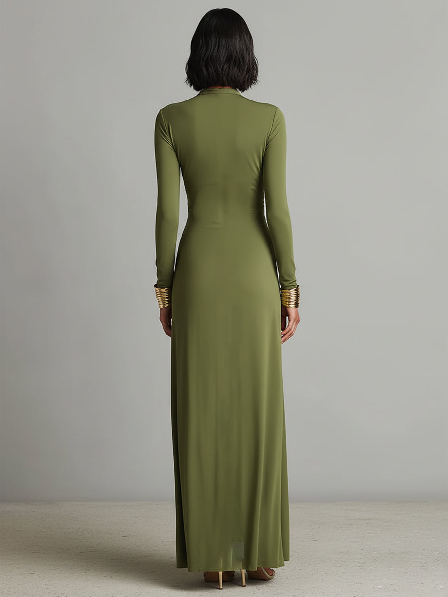 Oliv zijde maxi-jurk met V-hals