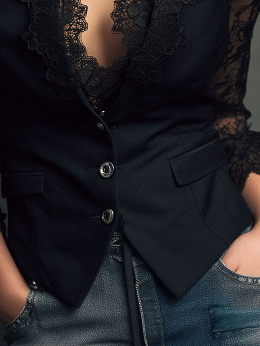 Sophie | Elegante Zwarte Blazer met Semi-Transparante Mouwen