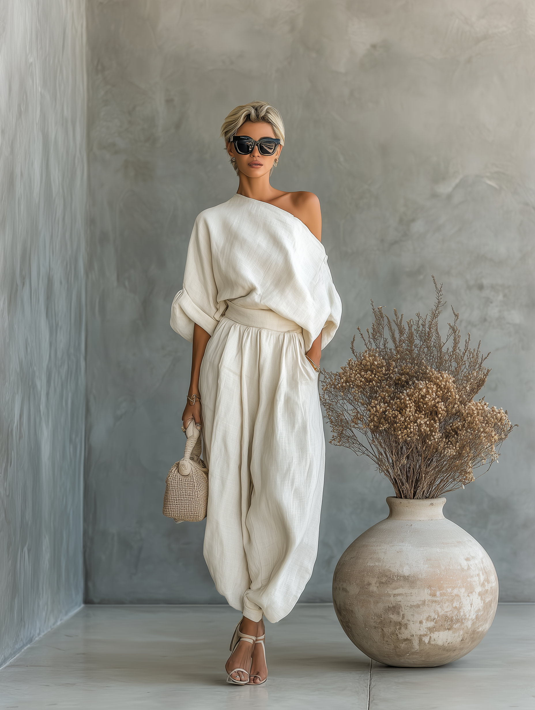 Linnen set off-shoulder broek