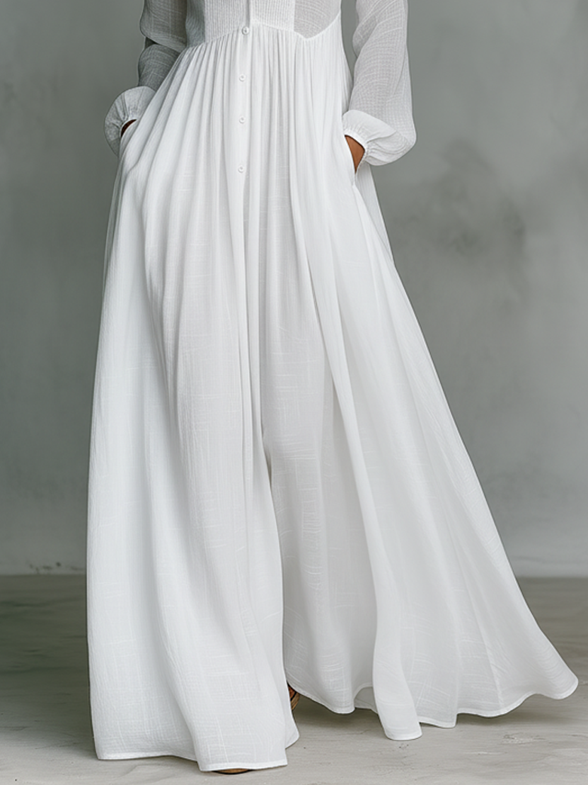Patchwork linnen maxi-jurk met staande kraag
