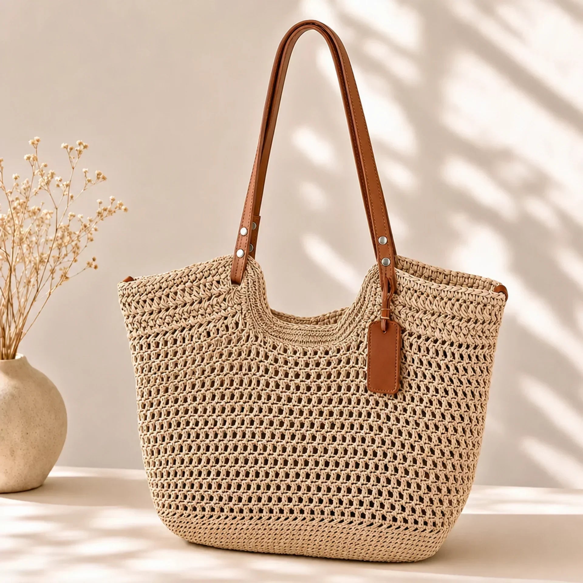 Alina | Handgehaakte gevlochten shopper tas - lichtbeige