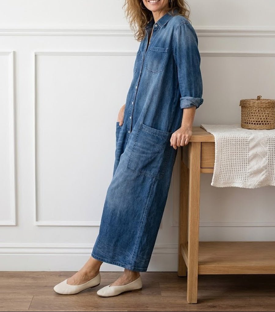 Diana | Vintage jumpsuit van denim-katoen, zacht gewassen, met knopen