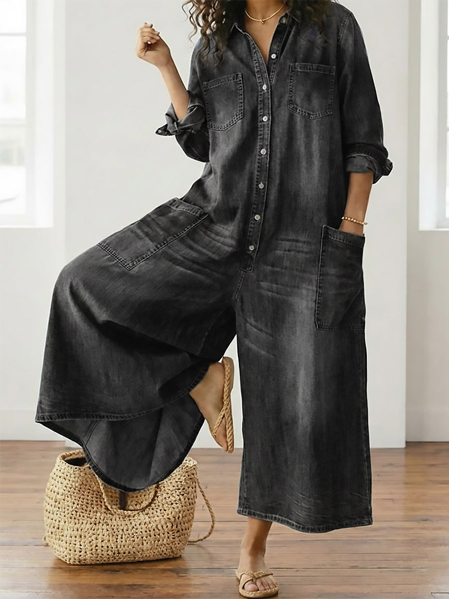 Diana | Vintage jumpsuit van denim-katoen, zacht gewassen, met knopen
