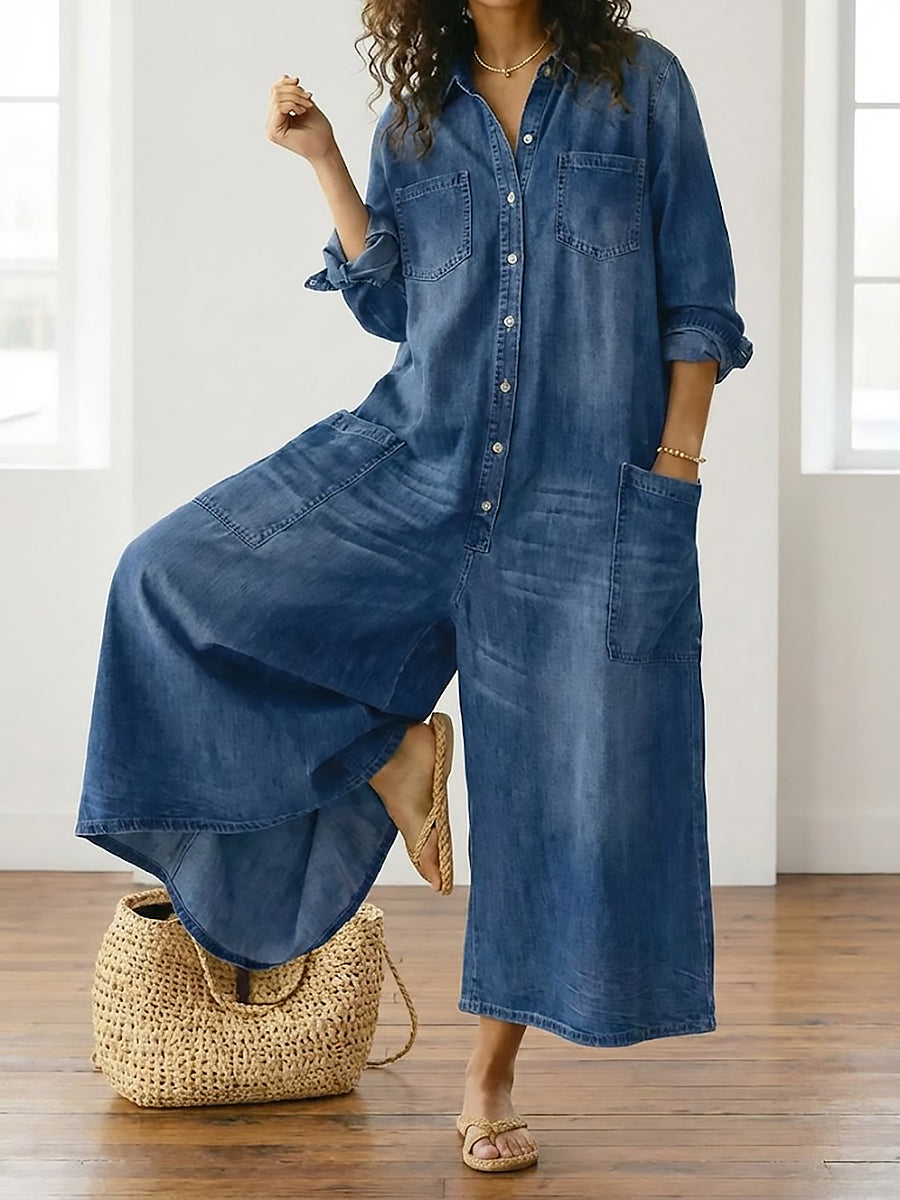 Diana | Vintage jumpsuit van denim-katoen, zacht gewassen, met knopen