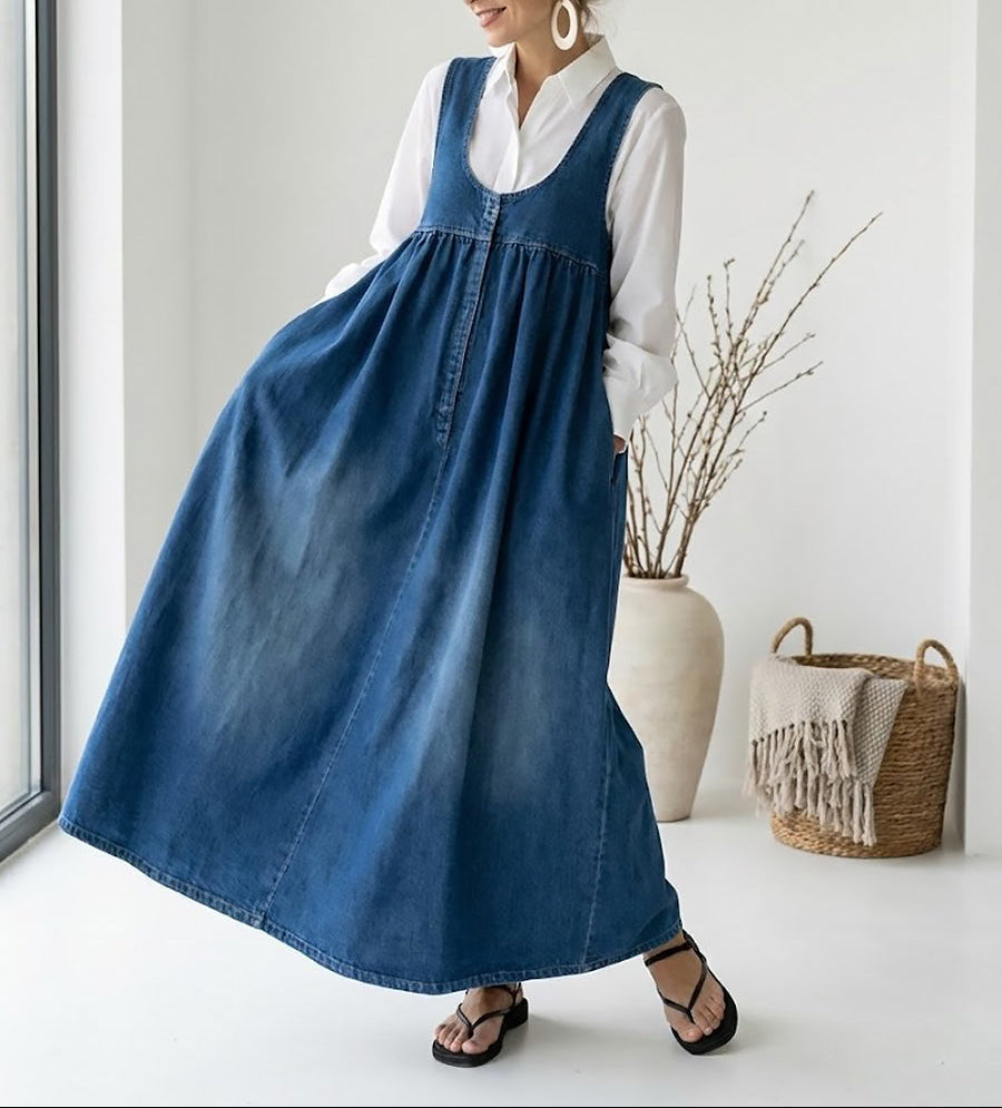Karen | Lange jurk van gewassen vintage denim met een vleugje zacht katoen