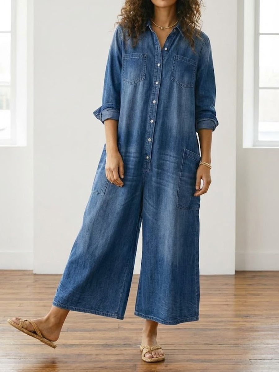 Diana | Vintage jumpsuit van denim-katoen, zacht gewassen, met knopen