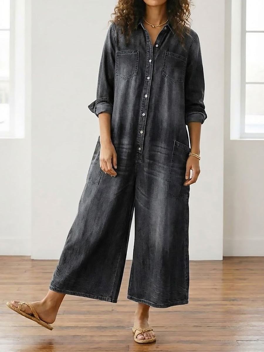 Diana | Vintage jumpsuit van denim-katoen, zacht gewassen, met knopen