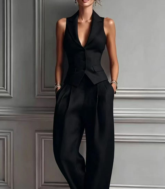 Tweedelige damesoutfit met V-hals en knopen
