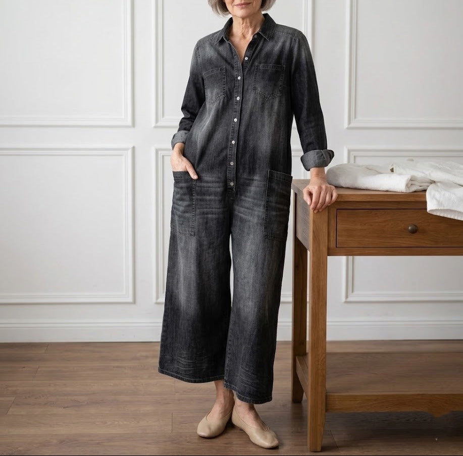 Diana | Vintage jumpsuit van denim-katoen, zacht gewassen, met knopen