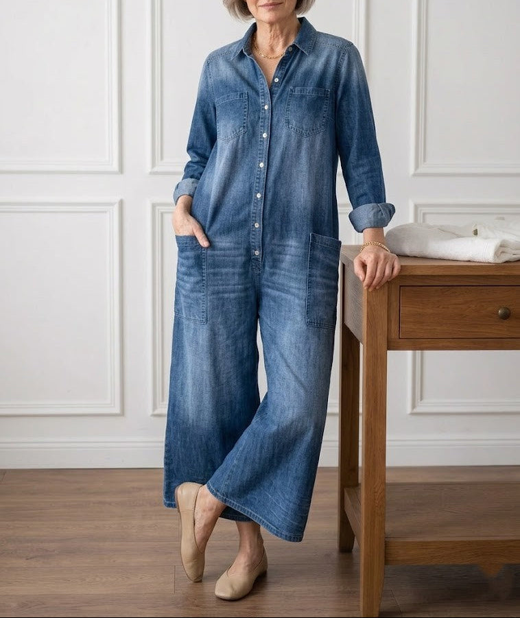 Diana | Vintage jumpsuit van denim-katoen, zacht gewassen, met knopen