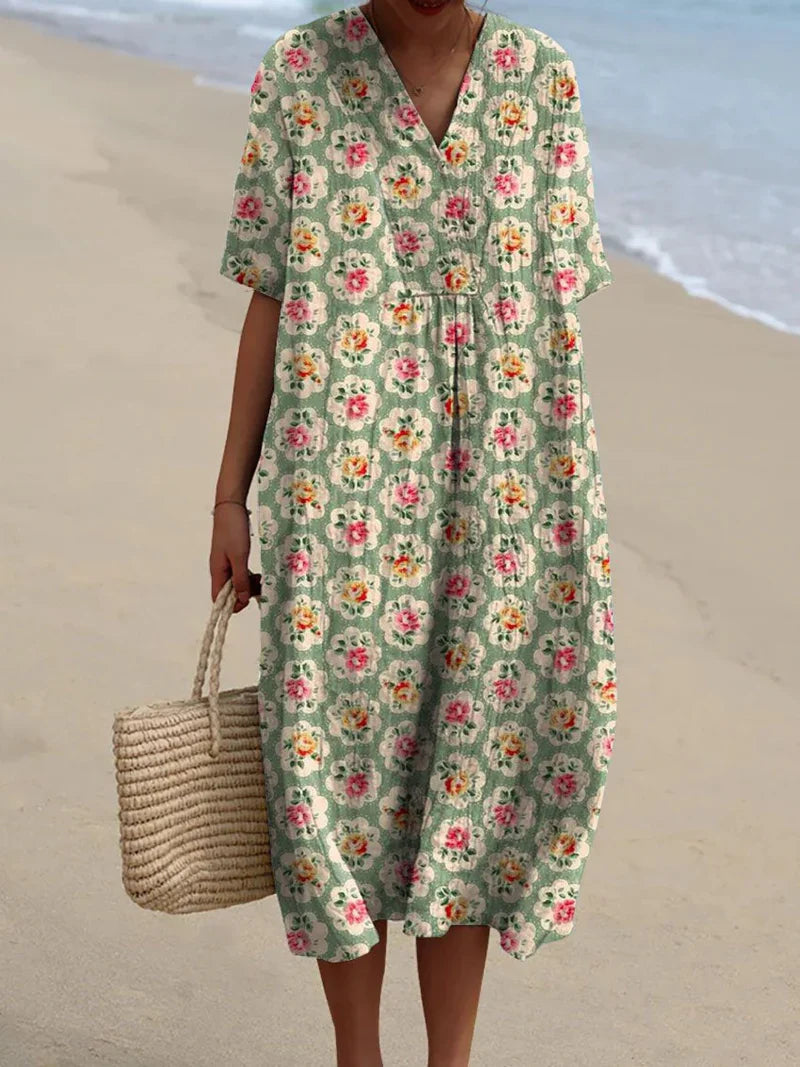 Éliane | Vintage groene waterbloemenjurk