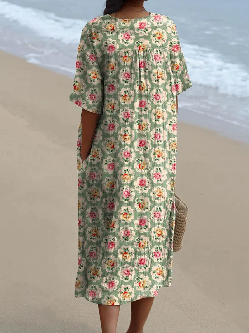 Éliane | Vintage groene waterbloemenjurk